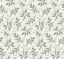 Seamless Floral pattern in hand-drawn style. Blue and beige leaves on a light background.