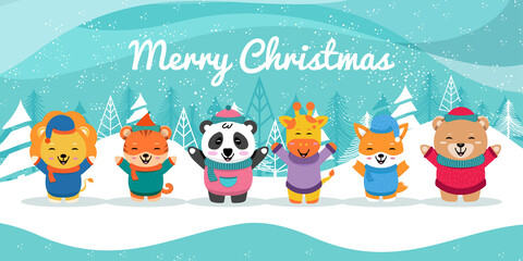 Illustration of cute animals in the snow, for Christmas greetings, can be used for greeting cards, banners, posters, or other design needs.