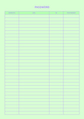 Note, scheduler, diary, calendar planner document template illustration. Website ID and password notepad form.