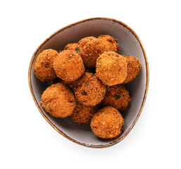 Bowl with tasty cod cutlets on white background