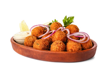 Bowl with tasty cod cutlets and sauce on white background