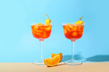 Glasses of Aperol spritz cocktail on color background