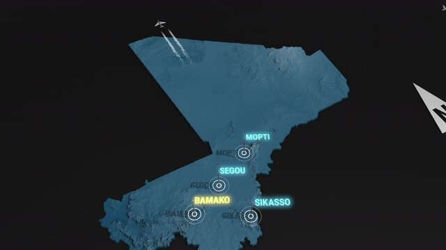 Seamless looping animation of the 3d terrain map at nighttime of Mali with the capital and the biggest cites in 4K resolution