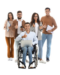 Man in wheelchair with his colleagues on white background