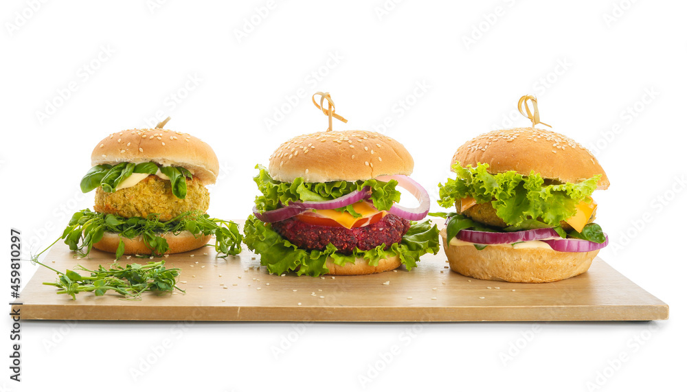 Wall mural Wooden board with tasty vegetarian burger on white background