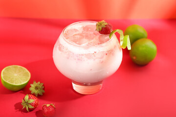 Glass of strawberry Pina Colada cocktail, berries and limes on color background