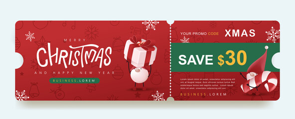 Merry Christmas  Gift promotion Coupon banner with cute gnome and festive decoration for christmas