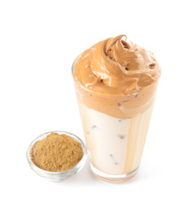 Glass of tasty dalgona hojicha latte and powder on white background