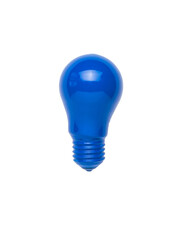 A bright blue light bulb isolated on a white background. Minimalism. Flat lay.