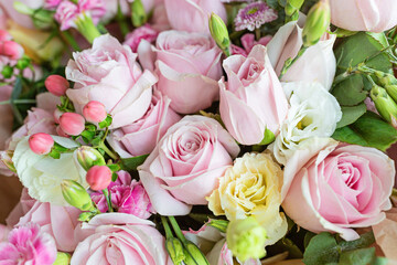 Fototapeta na wymiar Bouquet of fresh pink flowers close up, holiday background.