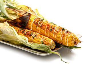 Plate with delicious Elote Mexican Street Corn on white background, closeup