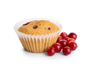 Tasty muffin and cranberry on white background