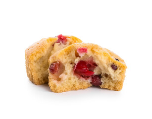 Delicious cranberry muffin on white background