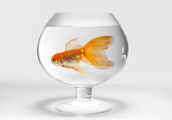 Beautiful gold fish in bowl on light background