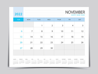November layout design, calendar 2022 year template, Planner simple, Desk calendar 2022 design, blue calendar desgin, Wall calendar design, printing media, advertisement, office organizer, vector