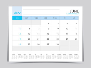June layout design, calendar 2022 year template, Planner simple, Desk calendar 2022 design, blue calendar desgin, Wall calendar design, printing media, advertisement, office organizer, vector