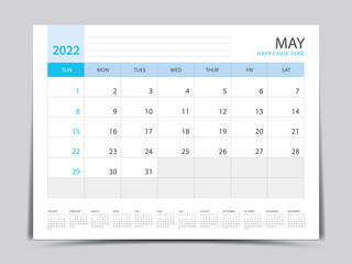 May layout design, calendar 2022 year template, Planner simple, Desk calendar 2022 design, blue calendar desgin, Wall calendar design, printing media, advertisement, office organizer, vector