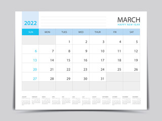 March layout design, calendar 2022 year template, Planner simple, Desk calendar 2022 design, blue calendar desgin, Wall calendar design, printing media, advertisement, office organizer, vector