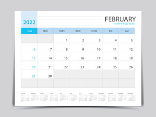 February layout design, calendar 2022 year template, Planner simple, Desk calendar 2022 design, blue calendar desgin, Wall calendar design, printing media, advertisement, office organizer, vector