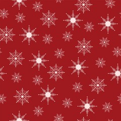 Naklejka na ściany i meble Seamless Christmas nature pattern, winter red colours, trees, snowflake, night, red background. Fabric material, packaging, wallpaper, design for textiles, vector illustration