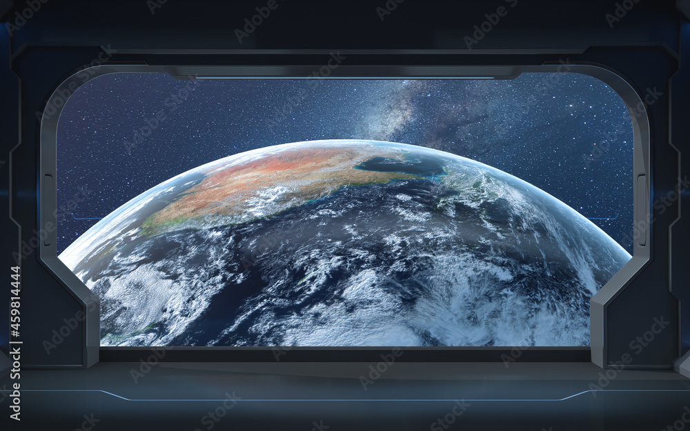 Poster the earth from the view in the spacecraft, 3d rendering.