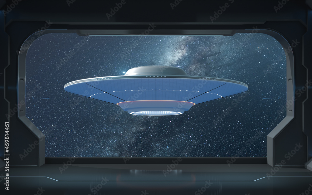 Poster ufo from the view in the spacecraft, 3d rendering.