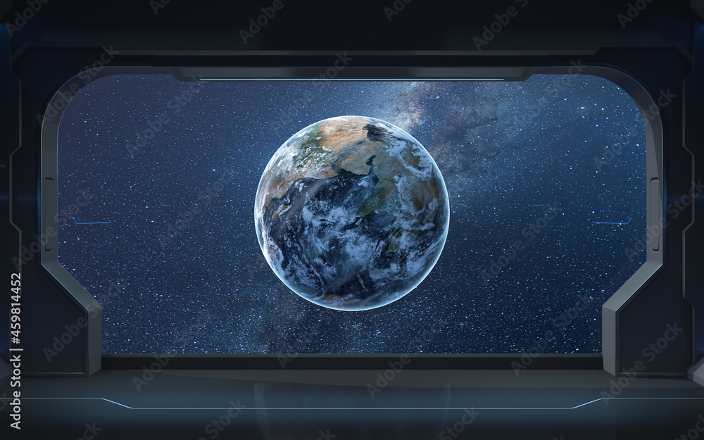 Poster the earth from the view in the spacecraft, 3d rendering.