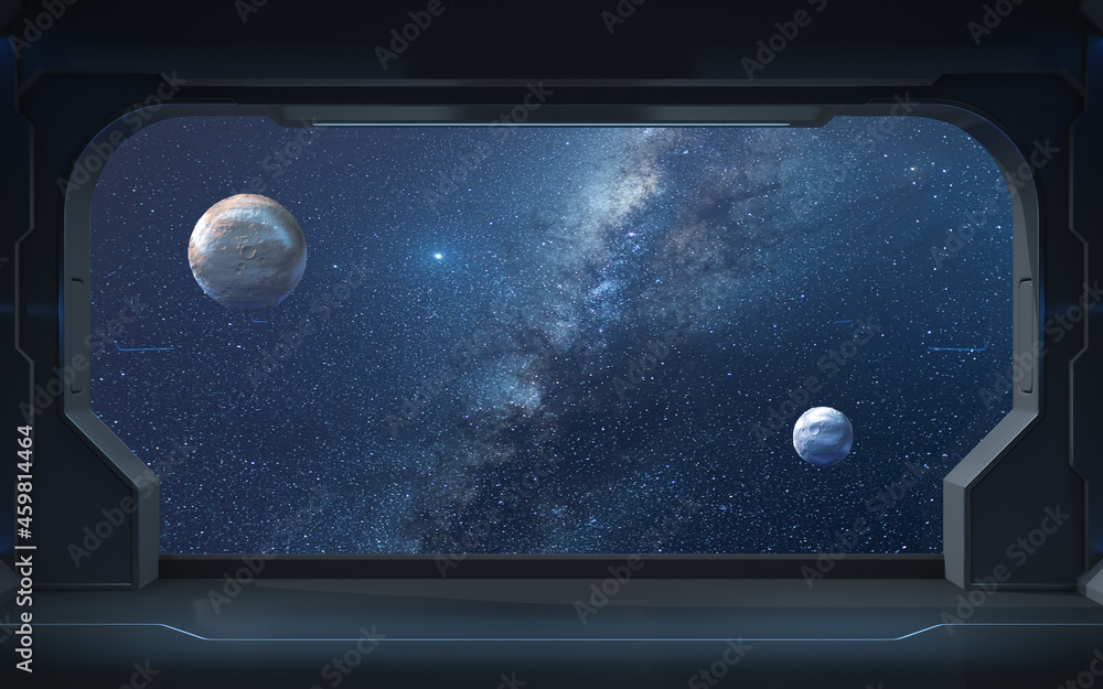 Poster planets and milky way from the view in the spacecraft, 3d rendering.