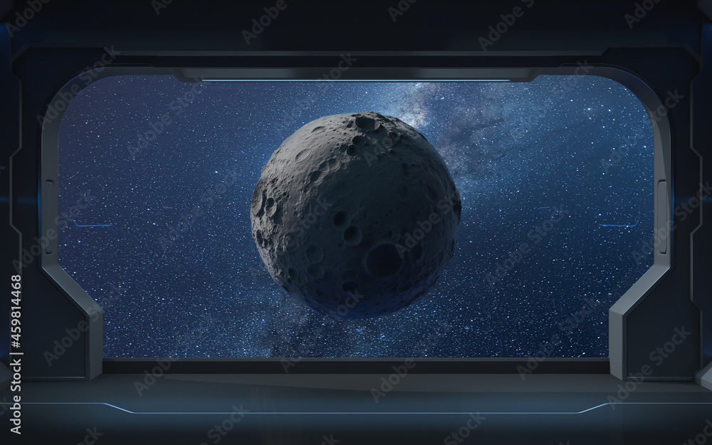 Poster the moon and the stars from the view in the spacecraft, 3d rendering.