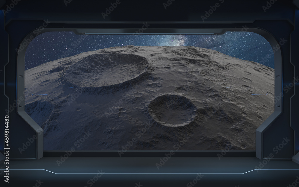 Poster the moon and the stars from the view in the spacecraft, 3d rendering.
