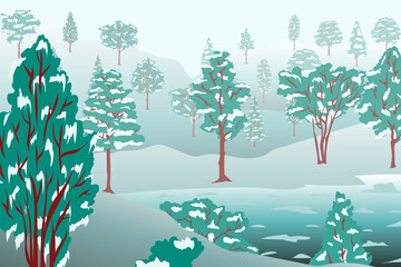 illustration of a winter landscape with trees with snow