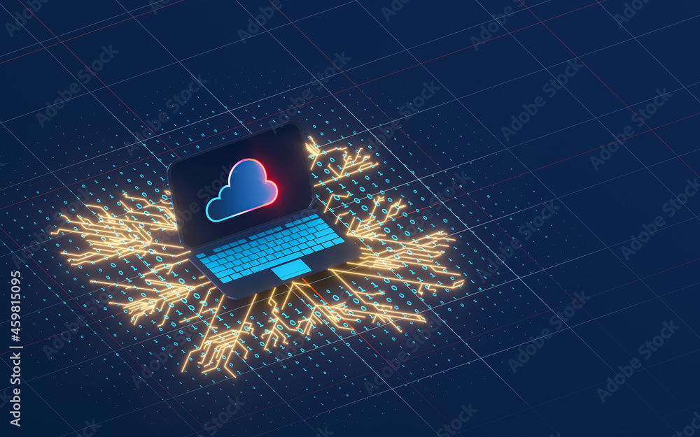 Poster cloud computing and laptop with dark background, 3d rendering.
