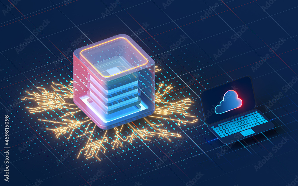 Poster cloud computing and laptop with dark background, 3d rendering.