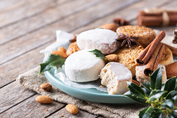 Typical Spanish Christmas sweets, shortbread mantecados and polvorones