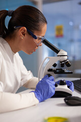 Microbiology specialist testing dna sample on microscope in science laboratory. Chemical analysis woman working with medical equipment for advanced development healthcare treatment