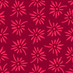Simple abstract floral vector seamless pattern. Pink flowers on a burgundy brown background. For printing on fabrics, textiles, stationery.