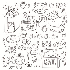 Cute cat doodle hand drawing cartoon. Cute cat drawing inside box. Cat icon symbol kitten