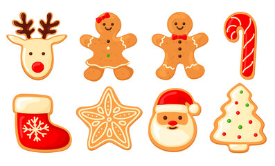 a set of gingerbread. cookies man, sock for gifts, Christmas tree, deer, santa, snowflake,