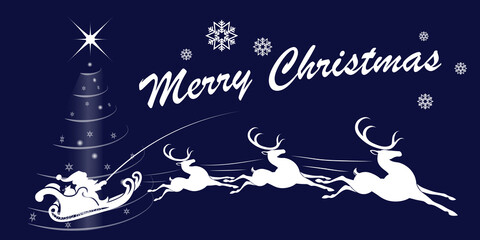 Christmas blue illustration, Santa Claus is riding a sleigh in harness with reindeer