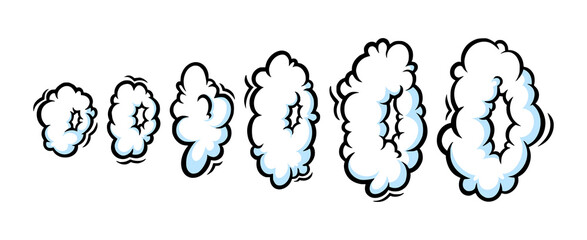 Steam ring in comic style. Growing row of round clouds of vapour or smoke for cigar, cigarette or quick motion. Vector illustration isolated in white background