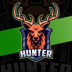 hunter deer head mascot character logo design with badge for hunter logo idea