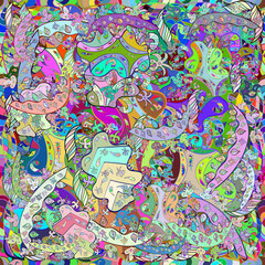 Naklejka premium Seamless pattern with interesting doodles on colorfil background. Raster illustration.