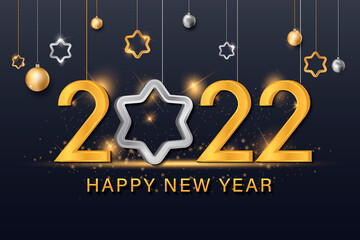 Happy New 2022 Year. Holiday vector illustration of golden metallic numbers 2022 and sparkling glitters pattern