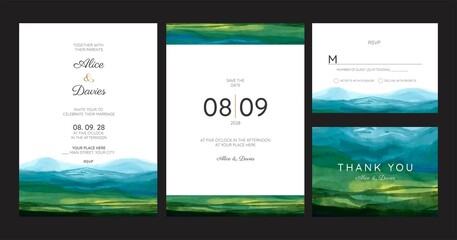 wedding invitation cards with pine forest landscape watercolor	
