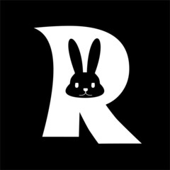 Bunny silhouette of R initial logo with black background