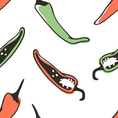 Doodle chili pepper seamless pattern. Hand drawn stylish fruit and vegetable. Vector artistic drawing fresh organic food. Summer illustration vegan ingrediens for smoothies
