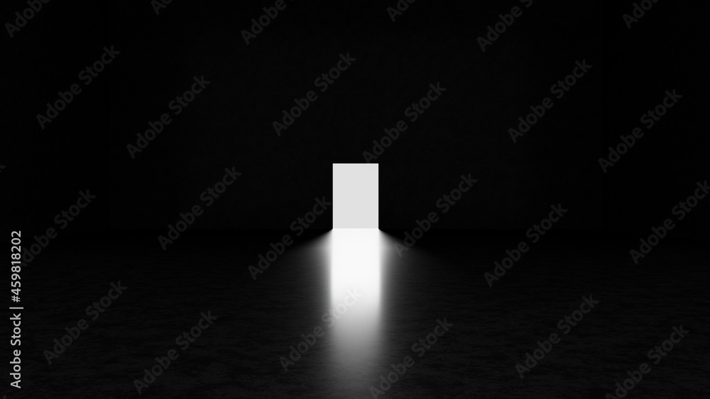 Poster Abstract dark concrete room with open door and light going through it.3d render illustration.