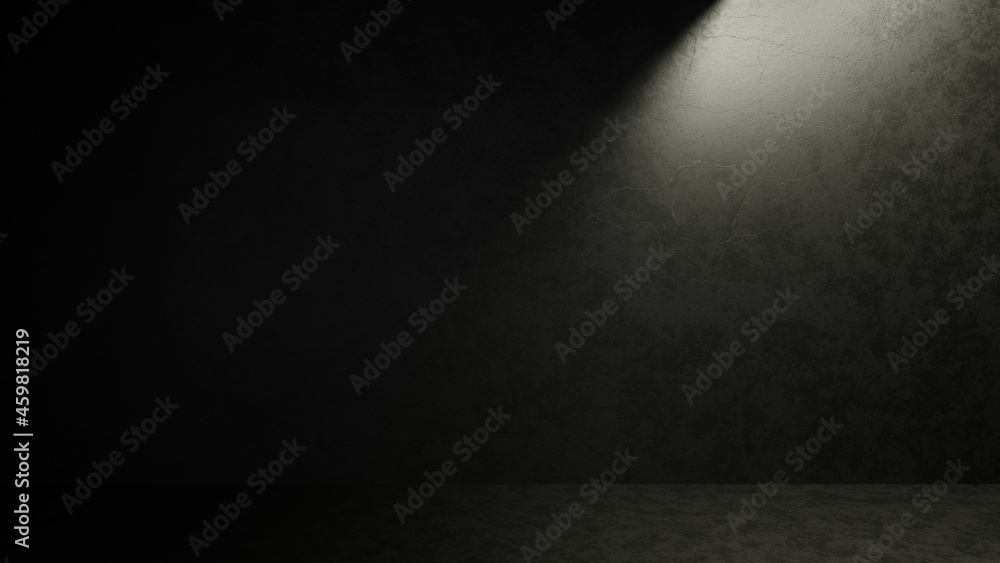 Poster dark empty concrete room with light shine from celling hole.3drender illustration.