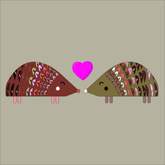 Cute loving hedgehog  look at each other hearts fly above them on brown  isolated background