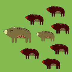 A cute family of  bears with mom, daughters and one son on green isolated background